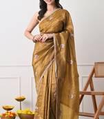 mustard tissue crush embellished lace border saree with unstitched blouse piece