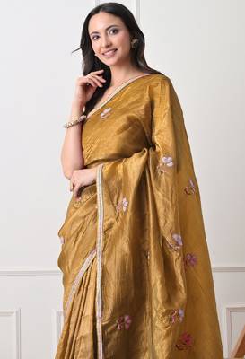 mustard tissue crush embellished lace border saree with unstitched blouse piece 2