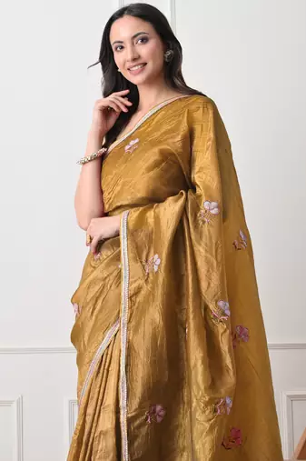 mustard tissue crush embellished lace border saree with unstitched blouse piece