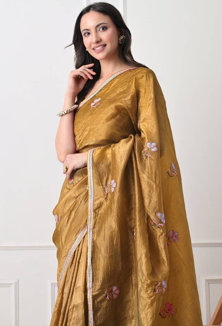mustard tissue crush embellished lace border saree with unstitched blouse piece