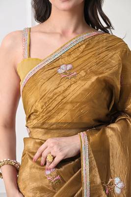mustard tissue crush embellished lace border saree with unstitched blouse piece 3