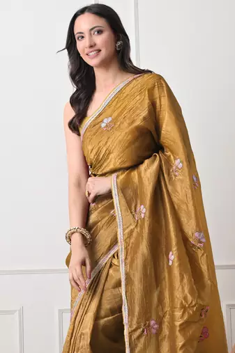 mustard tissue crush embellished lace border saree with unstitched blouse piece