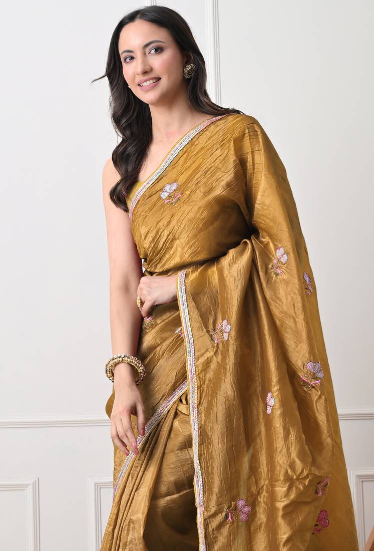 mustard tissue crush embellished lace border saree with unstitched blouse piece