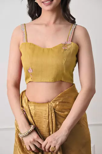 mustard tissue crush embellished lace border saree with unstitched blouse piece