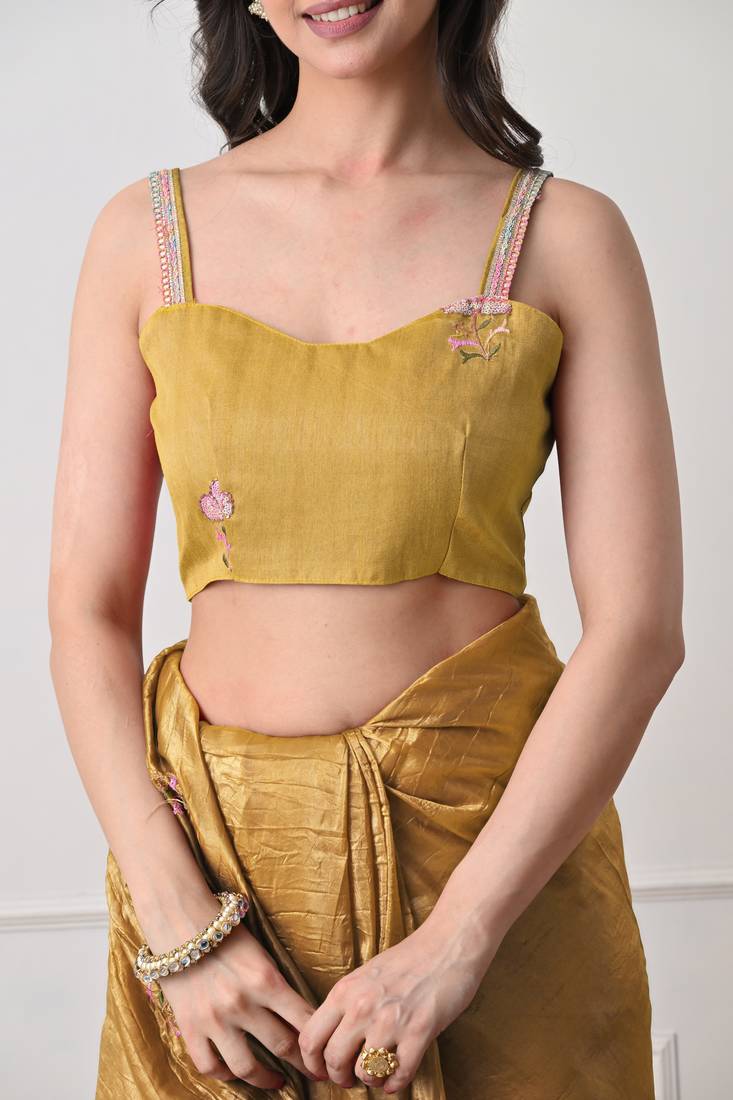 mustard tissue crush embellished lace border saree with unstitched blouse piece
