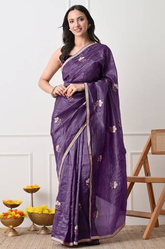 purple tissue crush embellished lace border saree with unstitched blouse piece