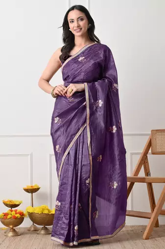 purple tissue crush embellished lace border saree with unstitched blouse piece