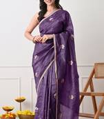 purple tissue crush embellished lace border saree with unstitched blouse piece