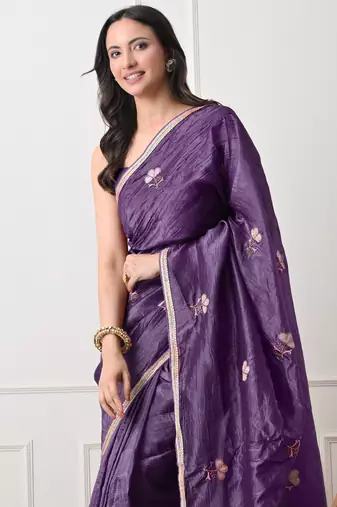 purple tissue crush embellished lace border saree with unstitched blouse piece