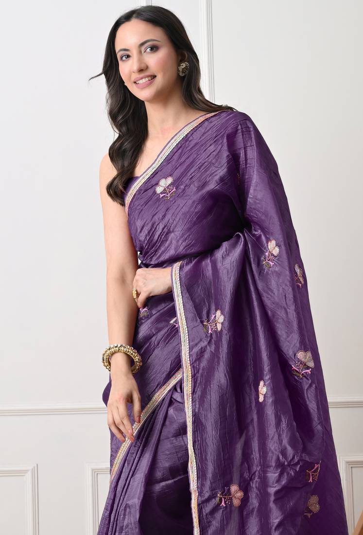 purple tissue crush embellished lace border saree with unstitched blouse piece