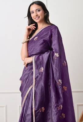 purple tissue crush embellished lace border saree with unstitched blouse piece 3