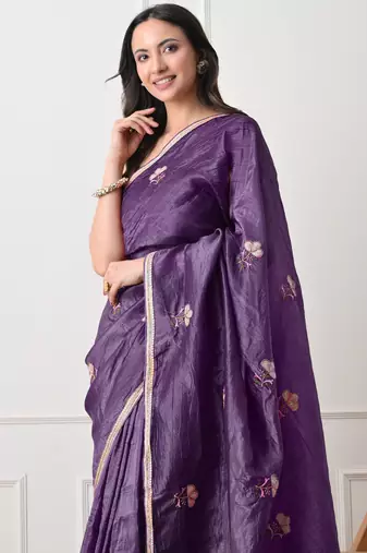 purple tissue crush embellished lace border saree with unstitched blouse piece