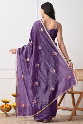 purple tissue crush embellished lace border saree with unstitched blouse piece 4