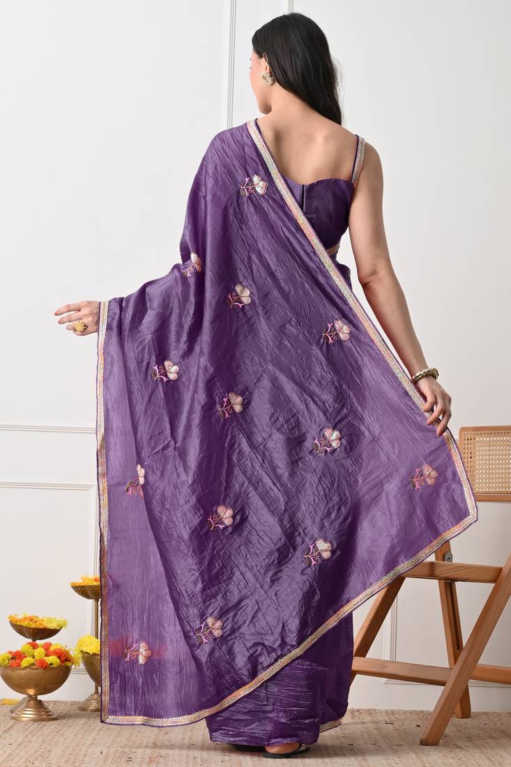 purple tissue crush embellished lace border saree with unstitched blouse piece