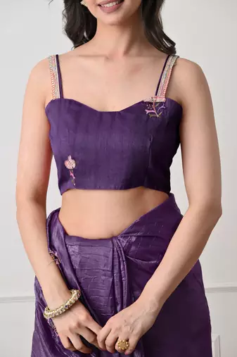 purple tissue crush embellished lace border saree with unstitched blouse piece