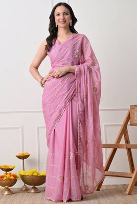 pink georgette embellished lace border saree with unstitched blouse piece 1
