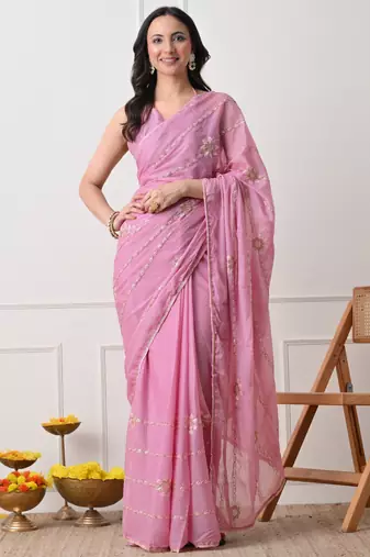 pink georgette embellished lace border saree with unstitched blouse piece