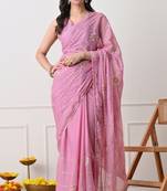 pink georgette embellished lace border saree with unstitched blouse piece