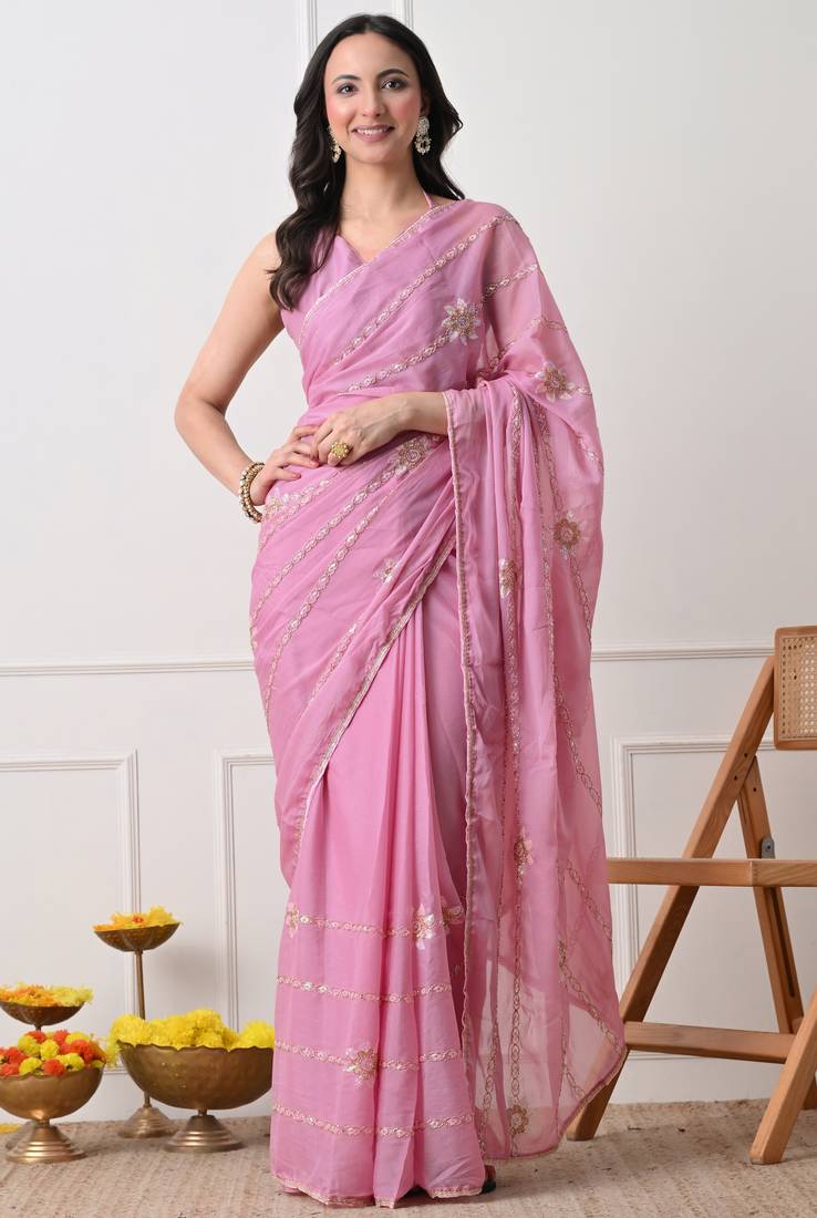 pink georgette embellished lace border saree with unstitched blouse piece