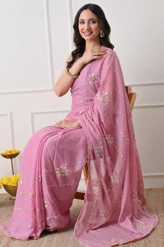pink georgette embellished lace border saree with unstitched blouse piece