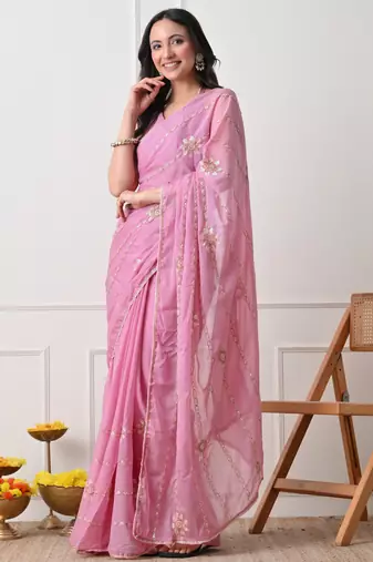 pink georgette embellished lace border saree with unstitched blouse piece