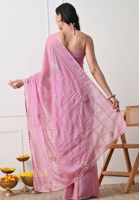 pink georgette embellished lace border saree with unstitched blouse piece 4