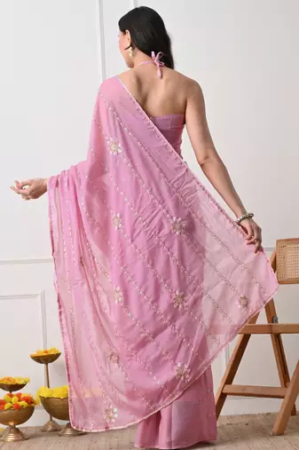 pink georgette embellished lace border saree with unstitched blouse piece