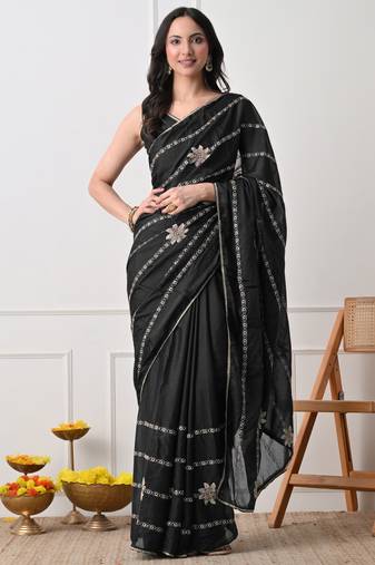 black georgette embellished lace border saree with unstitched blouse piece
