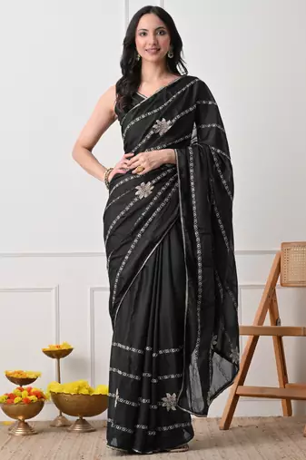 black georgette embellished lace border saree with unstitched blouse piece