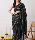 black georgette embellished lace border saree with unstitched blouse piece