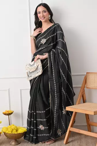 black georgette embellished lace border saree with unstitched blouse piece