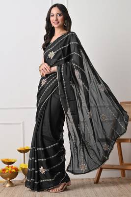 black georgette embellished lace border saree with unstitched blouse piece 3