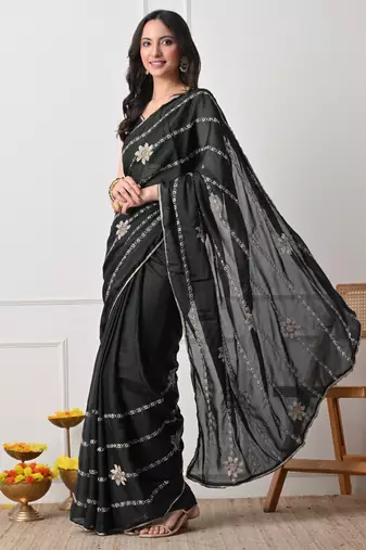 black georgette embellished lace border saree with unstitched blouse piece