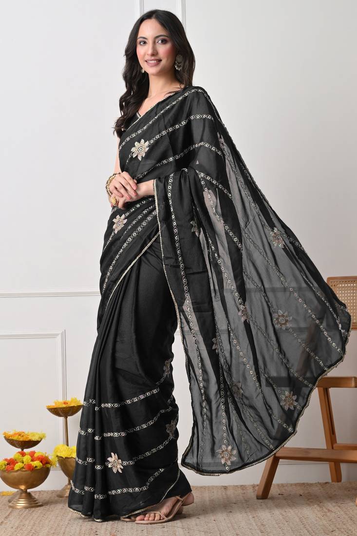 black georgette embellished lace border saree with unstitched blouse piece
