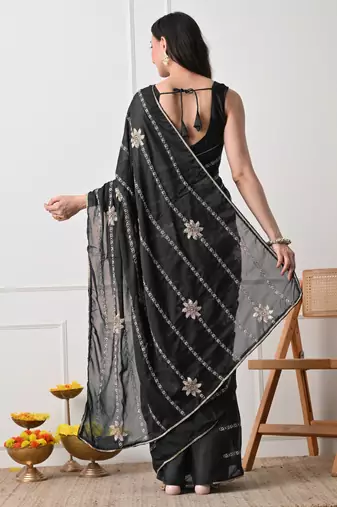 black georgette embellished lace border saree with unstitched blouse piece