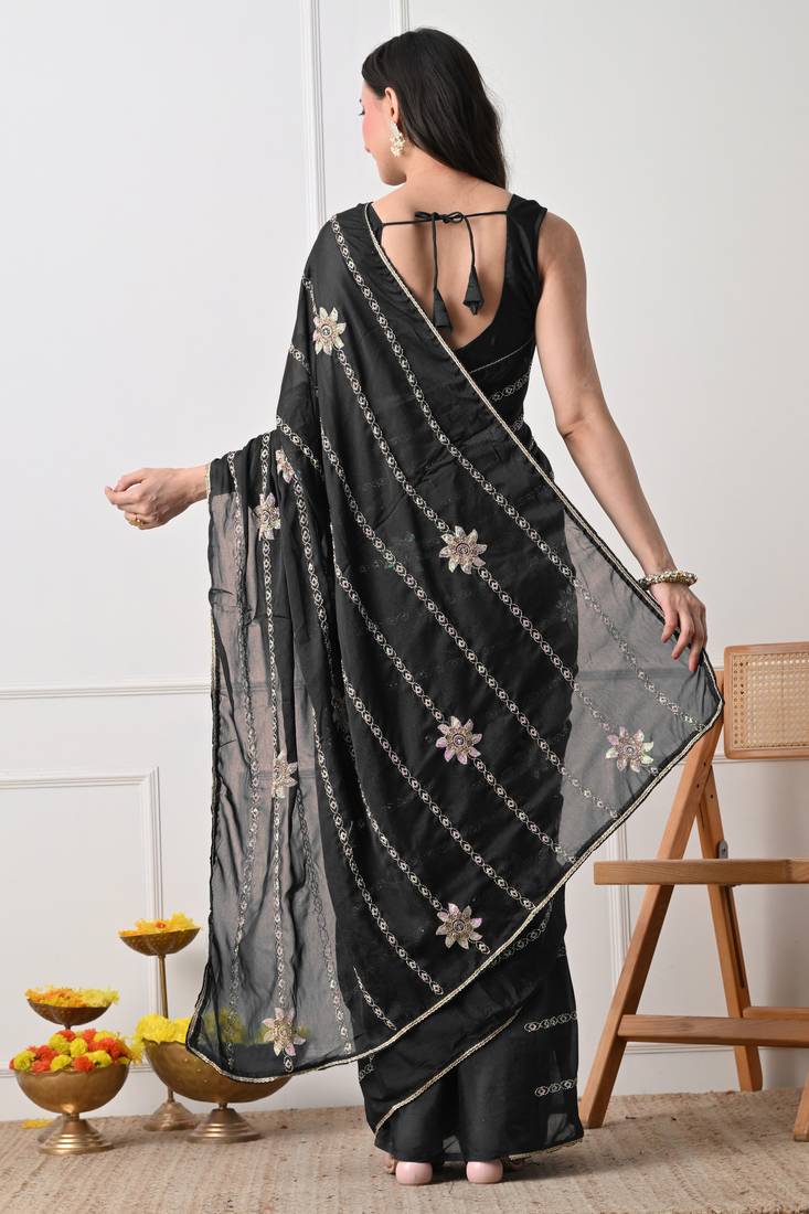 black georgette embellished lace border saree with unstitched blouse piece