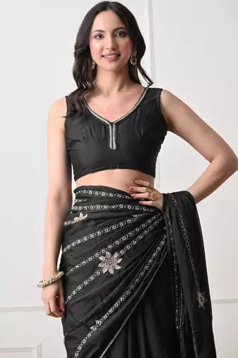 black georgette embellished lace border saree with unstitched blouse piece