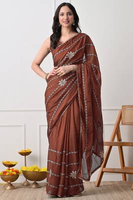 rust georgette embellished lace border saree with unstitched blouse piece 1