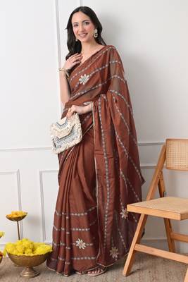 rust georgette embellished lace border saree with unstitched blouse piece 2