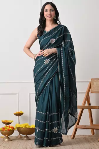 teal georgette embellished lace border saree with unstitched blouse piece