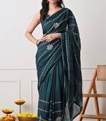 teal georgette embellished lace border saree with unstitched blouse piece