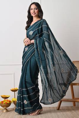 teal georgette embellished lace border saree with unstitched blouse piece 2
