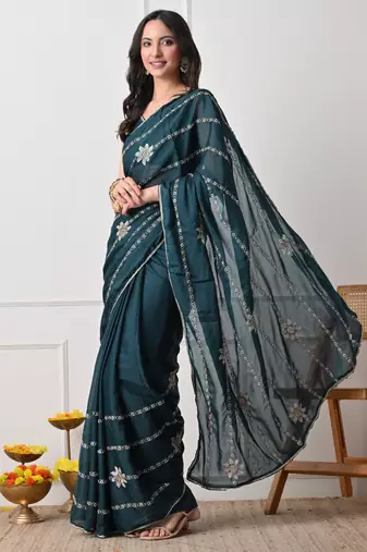 teal georgette embellished lace border saree with unstitched blouse piece