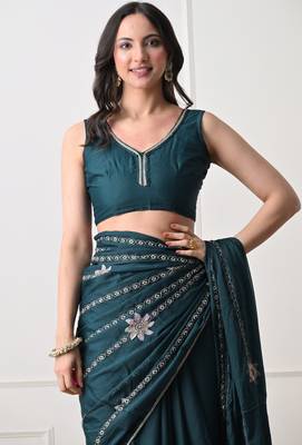 teal georgette embellished lace border saree with unstitched blouse piece 4
