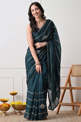 teal georgette embellished lace border saree with unstitched blouse piece 5