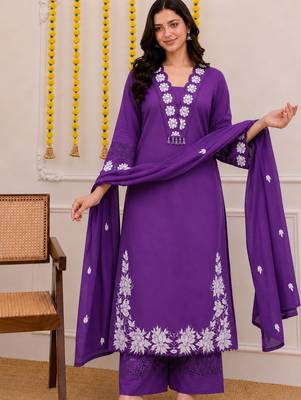 Royal purple embroidered cotton kurta palazzo set with dupatta 1
