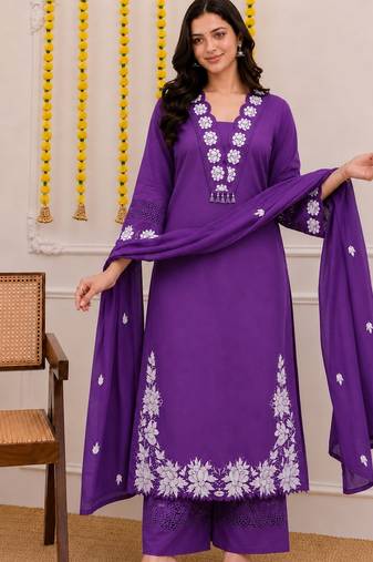Royal purple embroidered cotton kurta palazzo set with dupatta