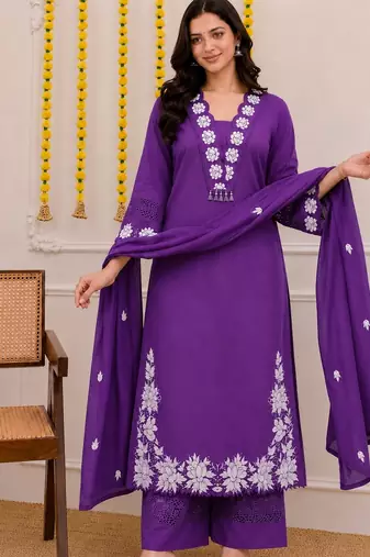 Royal purple embroidered cotton kurta palazzo set with dupatta