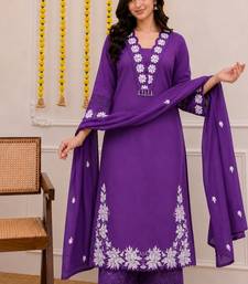 Royal purple embroidered cotton kurta palazzo set with dupatta