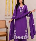 Royal purple embroidered cotton kurta palazzo set with dupatta